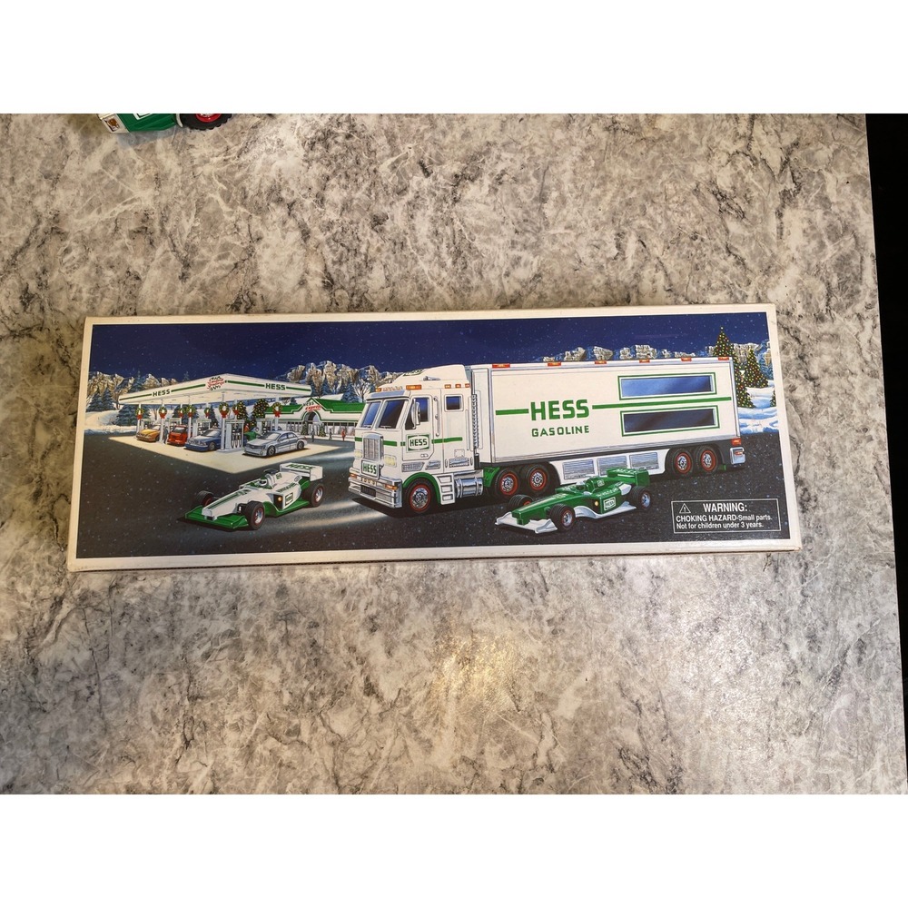 Hess 2003 Toy Truck and Racecars White Green Gasoline Collectible with Box